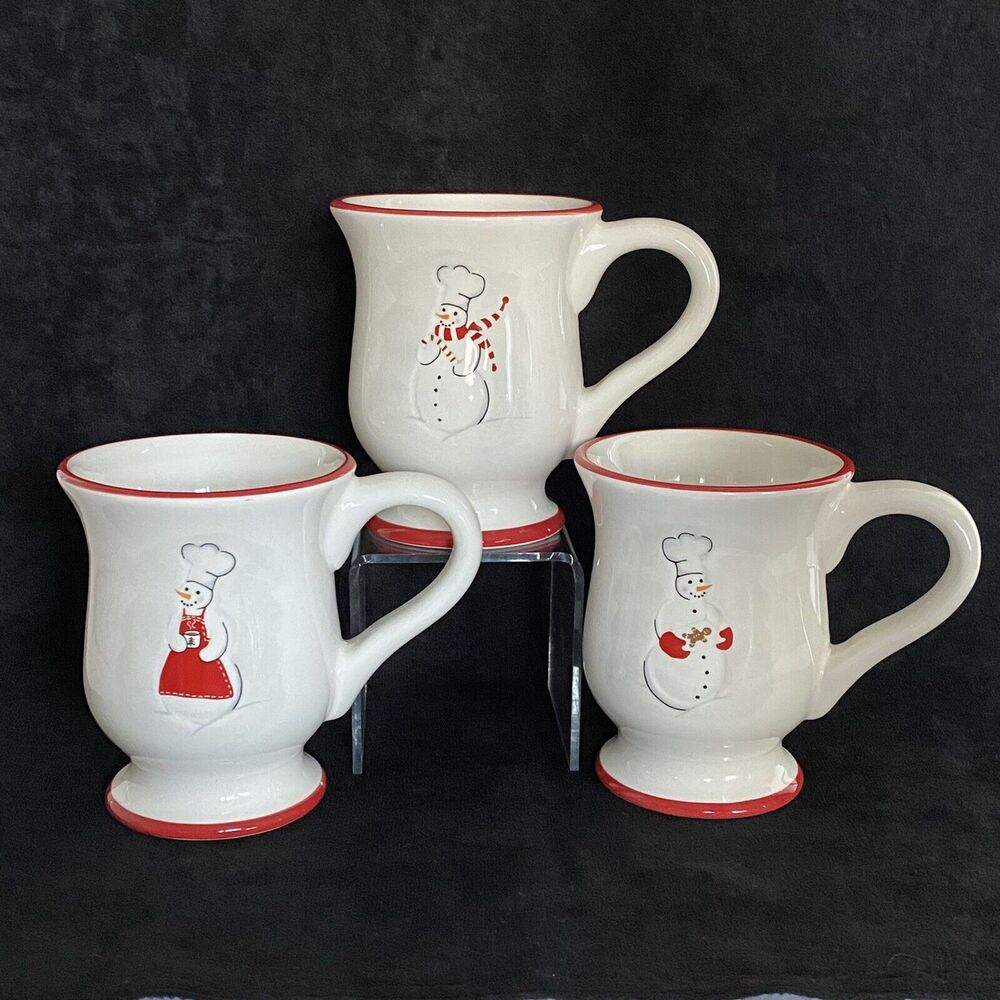 Williams-Sonoma 3 Snowman Chef Footed Christmas‎ Holiday Coffee Mug Tea Cup